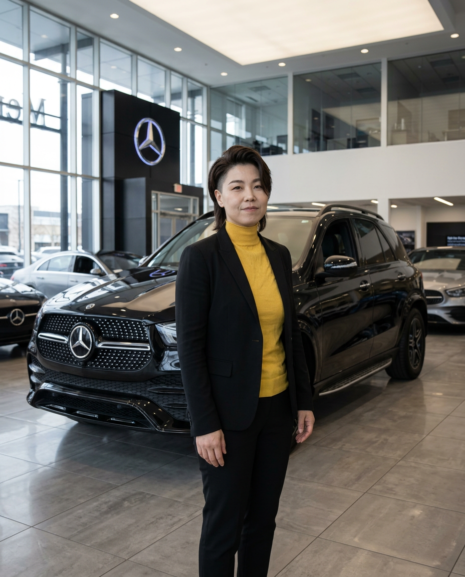 Mercedes-Benz Thornhill team member on the showroom floor beside a GLE